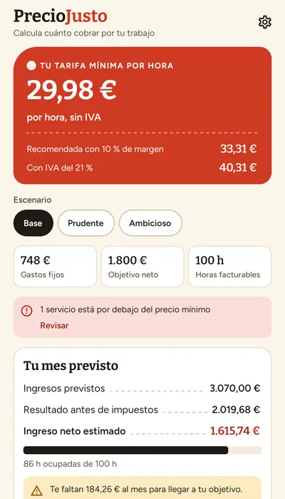 Pantalla de inicio con la tarifa mínima de 29,98 € por hora, la recomendada con margen y la previsión del mes