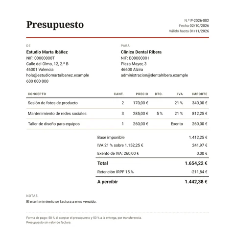 El mismo presupuesto en PDF: emisor, cliente, conceptos, base imponible, IVA, total de 1.654,22 €, retención de IRPF y 1.442,38 € a percibir
